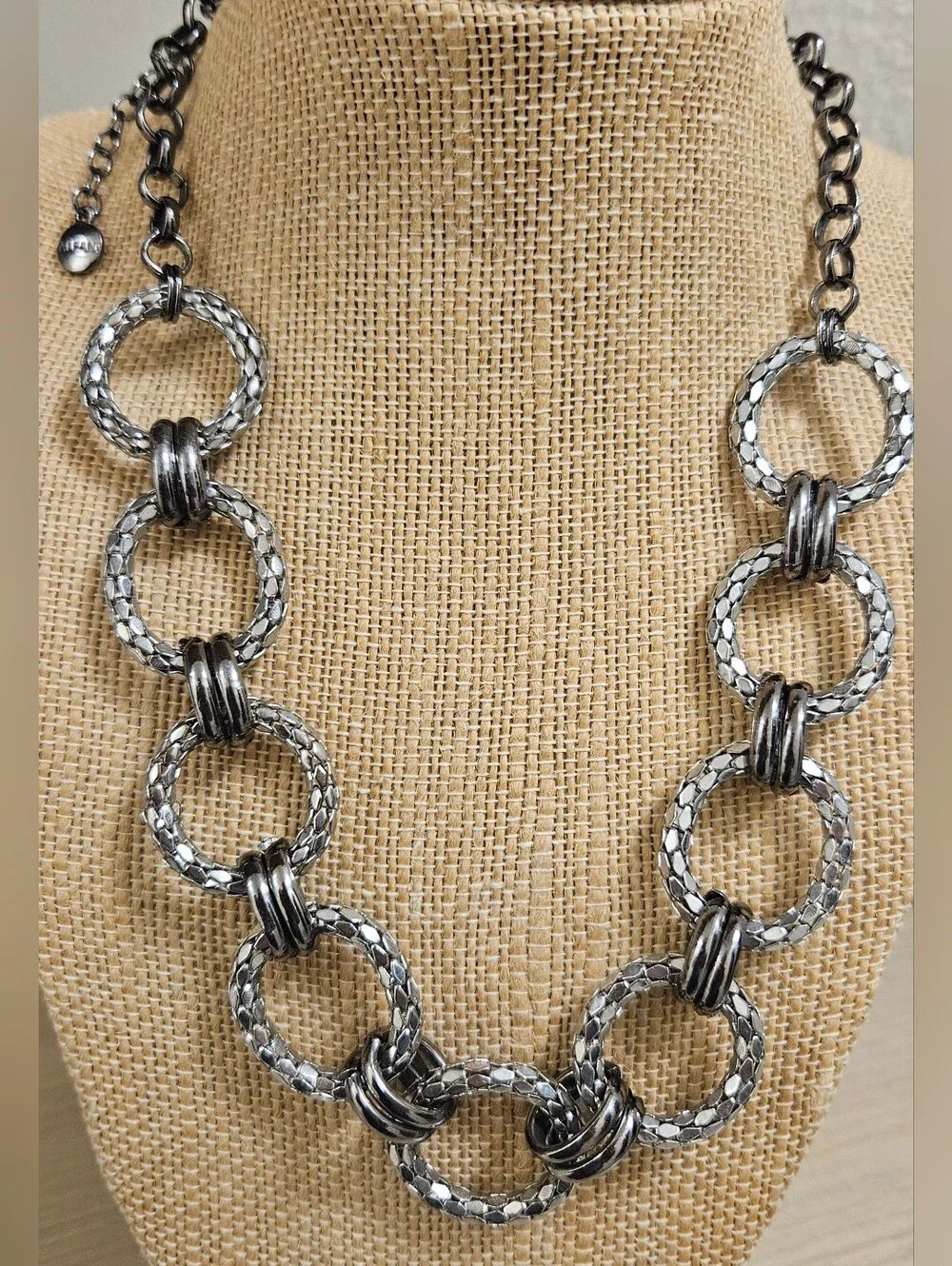 Alfani Necklace Silver Black Gunmetal Woven Loop Circle Links Modern Chain
